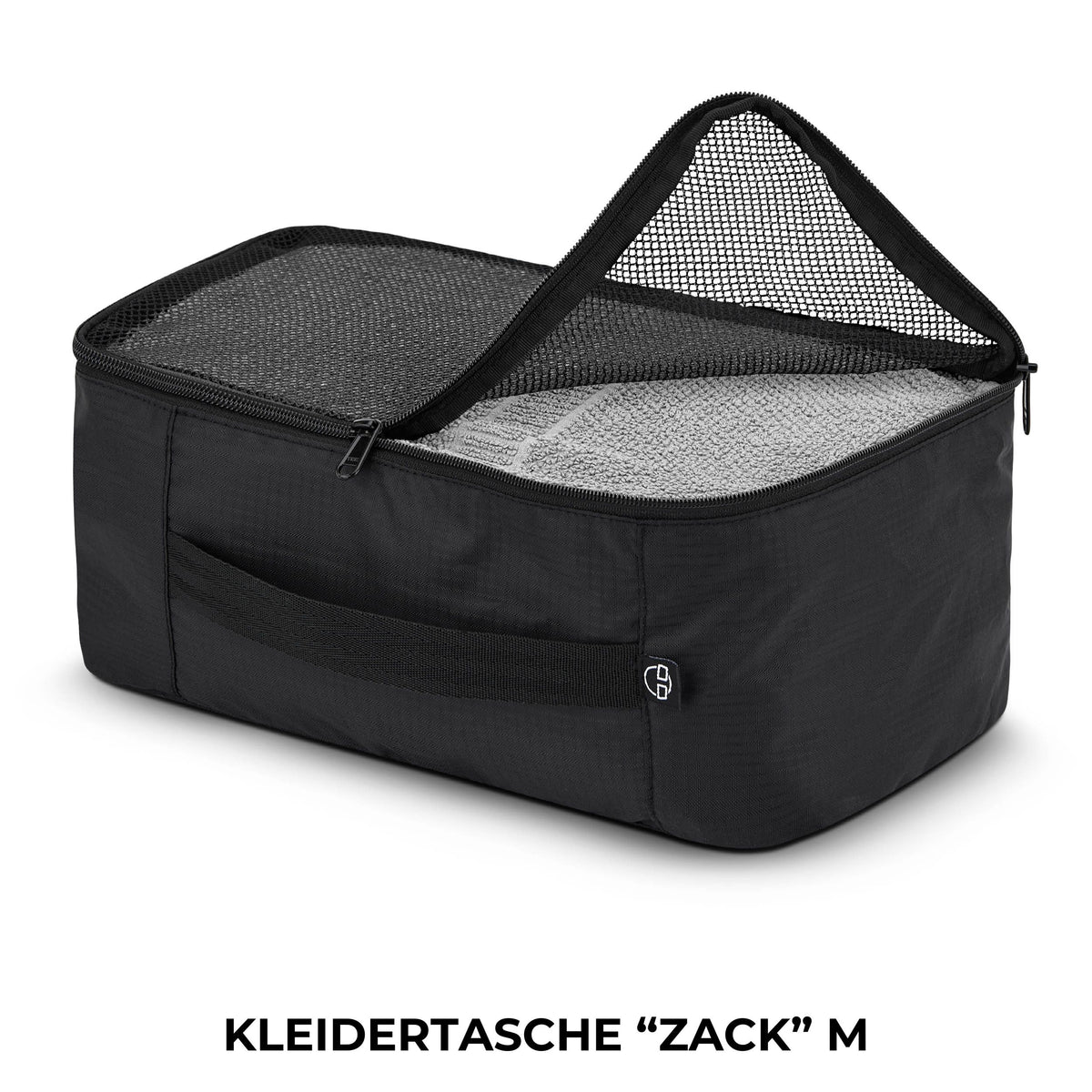 Schwarze Kleidertasche 'Zack' M von Johnny Urban mit halb geöffnetem Reißverschluss und Netzfach