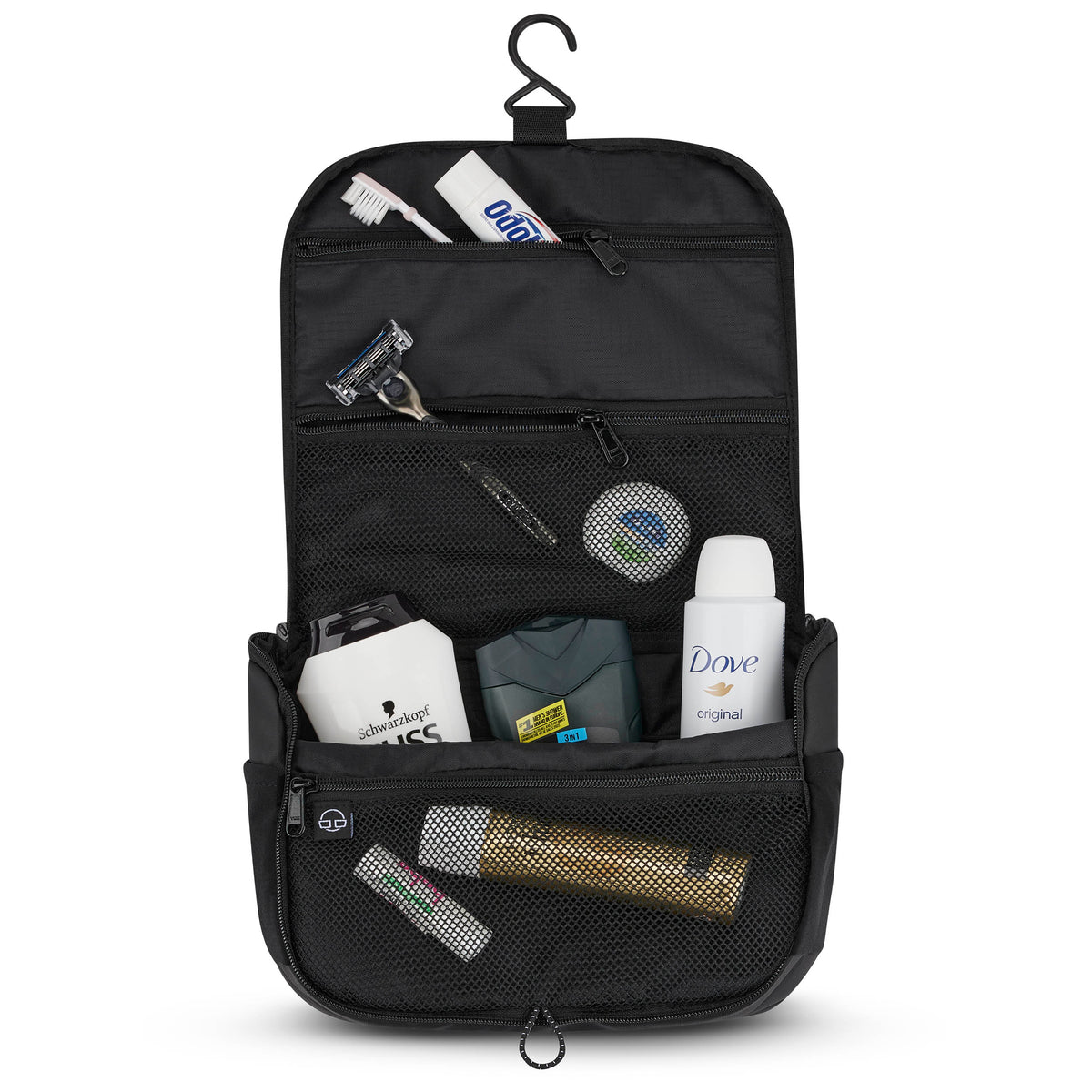 Schwarze Kulturtasche 'Logan' von Johnny Urban zum Aufhängen, gefüllt mit Zahnbürste, Rasierer, Dove Deo, Shampoo und anderen Pflegeprodukten
