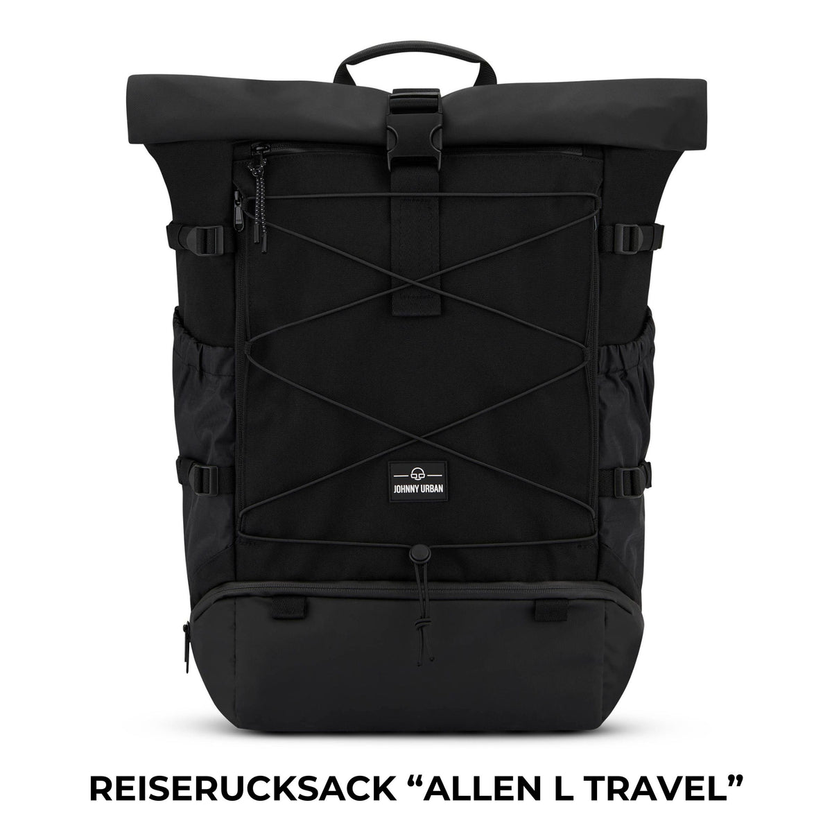 Schwarzer Johnny Urban Reiserucksack Allen L Travel mit Rolltop und elastischem Frontnetz