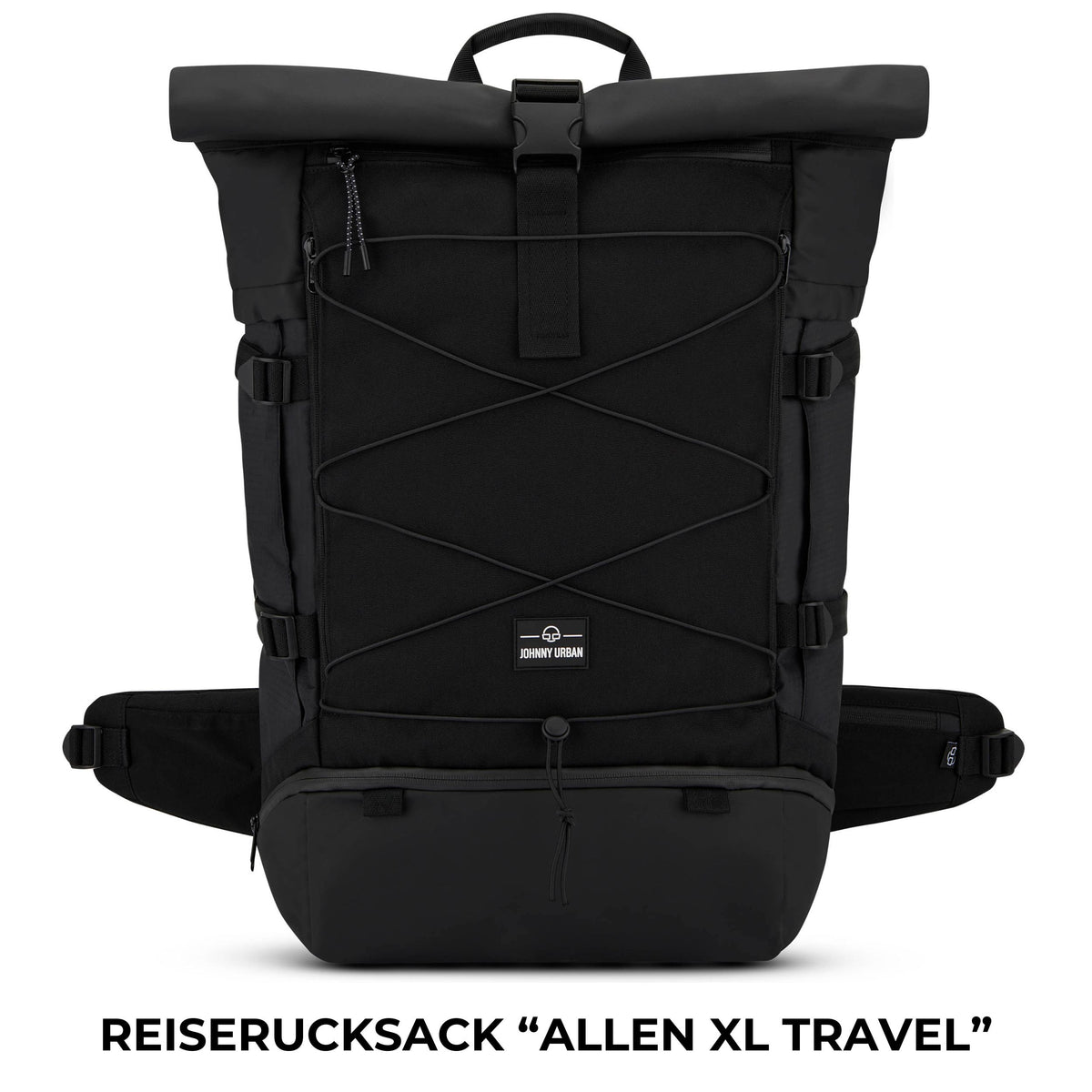 Schwarzer Johnny Urban Reiserucksack Allen XL Travel mit Rolltop, Frontfach und Kompressionsschnüren