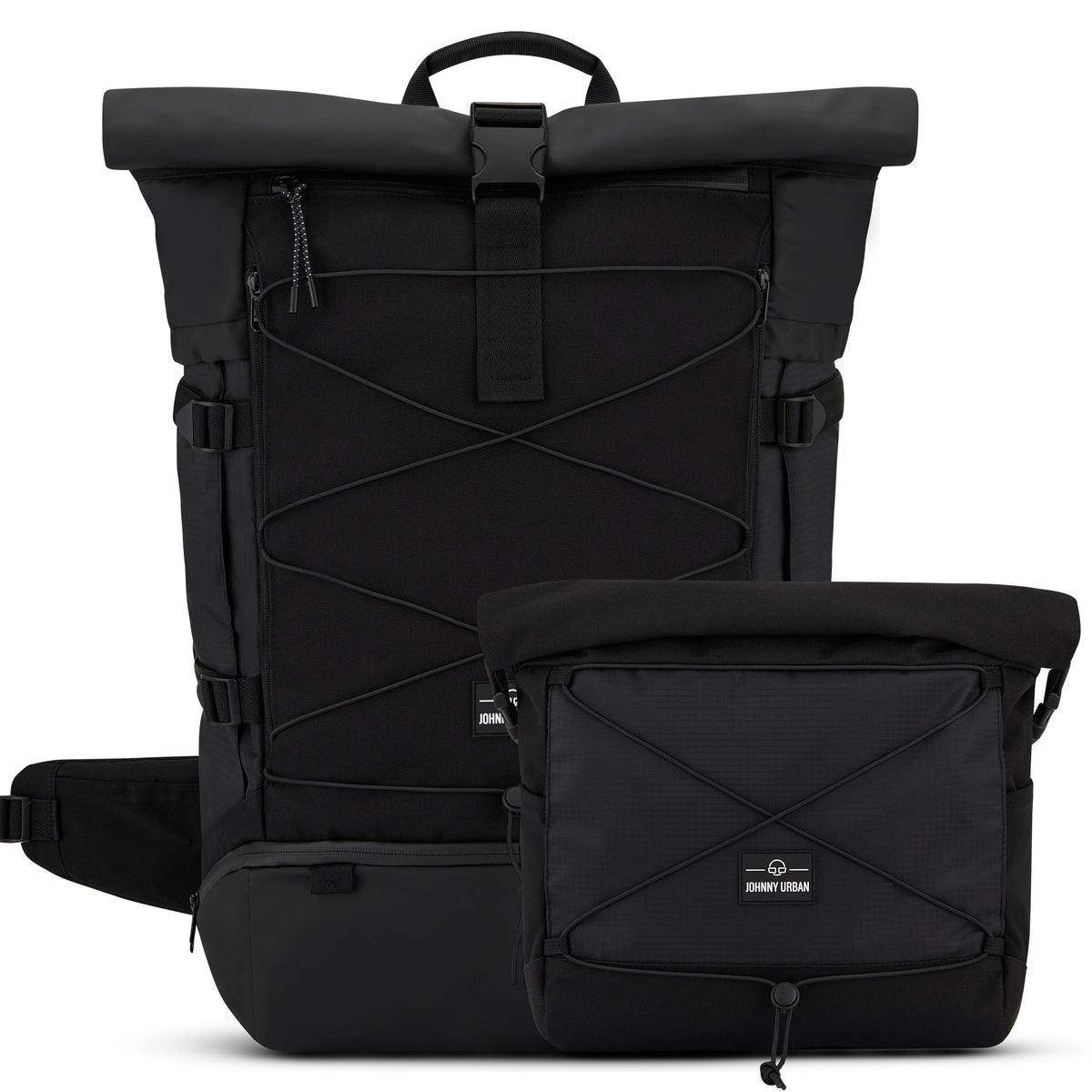 Johnny Urban Travel Advanced Bundle XL schwarzer, rollbarer Rucksack und passende zusätzliche Seitentasche