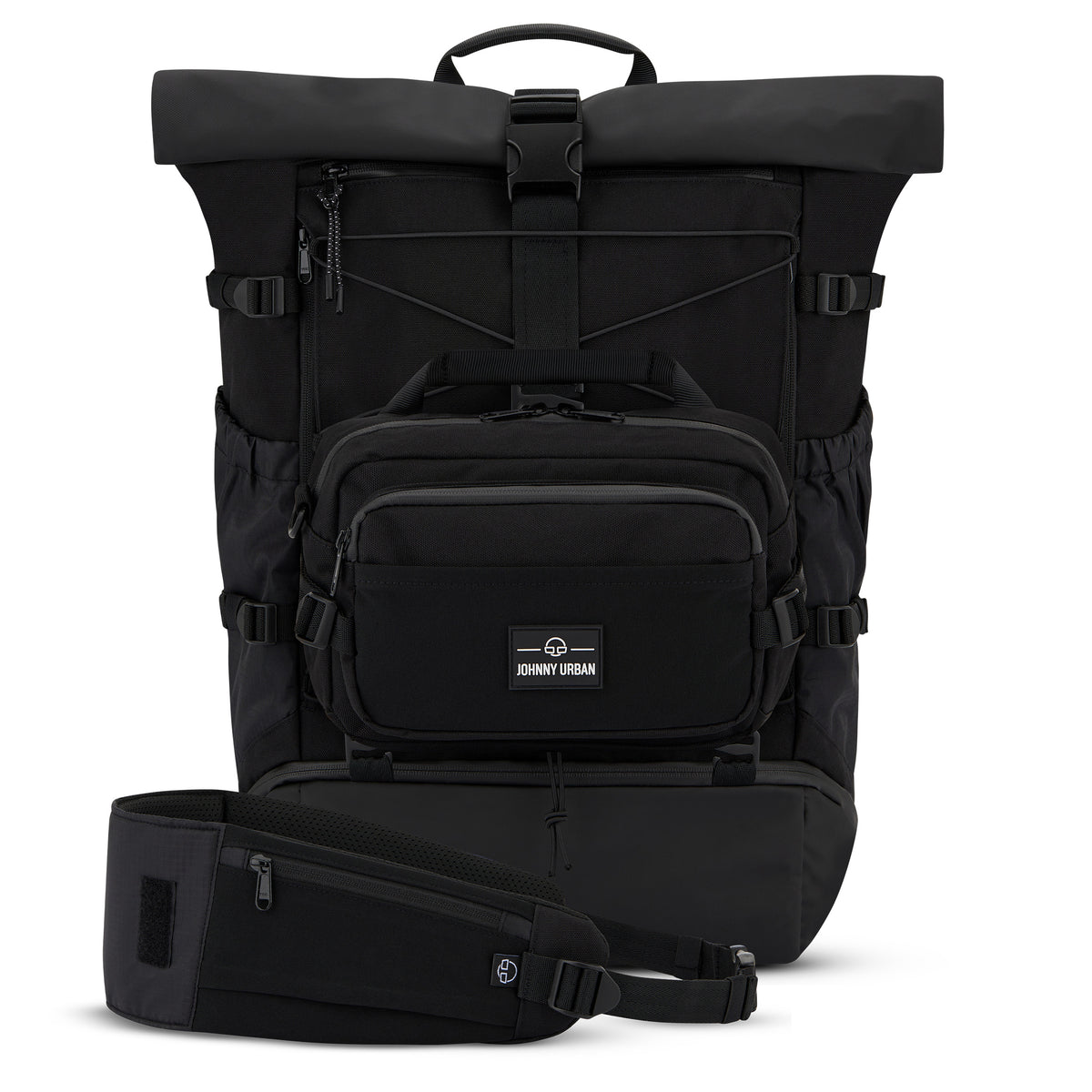 Schwarzes Johnny Urban Travel Essential Bundle L mit großem Rucksack, kleinem Tascheinsatz und Bauchgurt