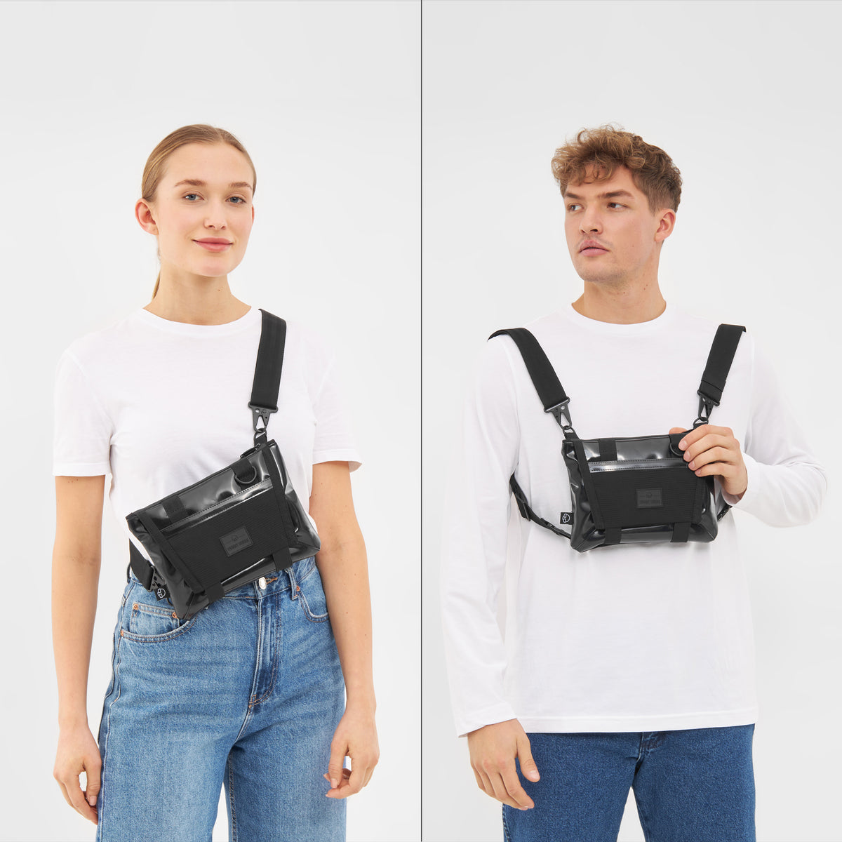 Schwarze Umhängetasche 'Avery' von Johnny Urban, getragen von Frau und Mann mit weißen Oberteilen und Jeans