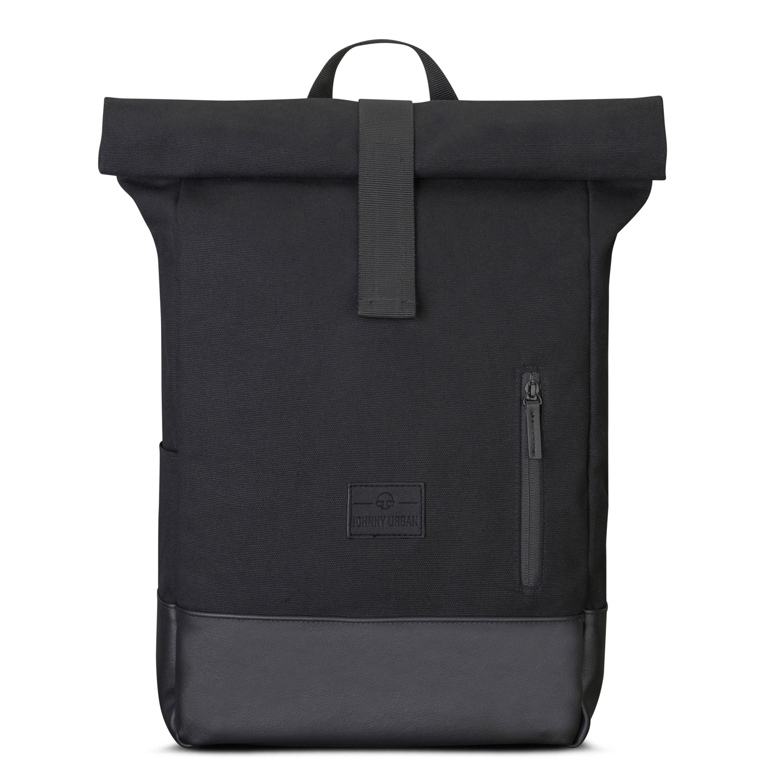 Schwarzer Rolltop Rucksack 'Adam Medium' von Johnny Urban aus Canvas mit kleinem Reißverschlussfach und Lederboden