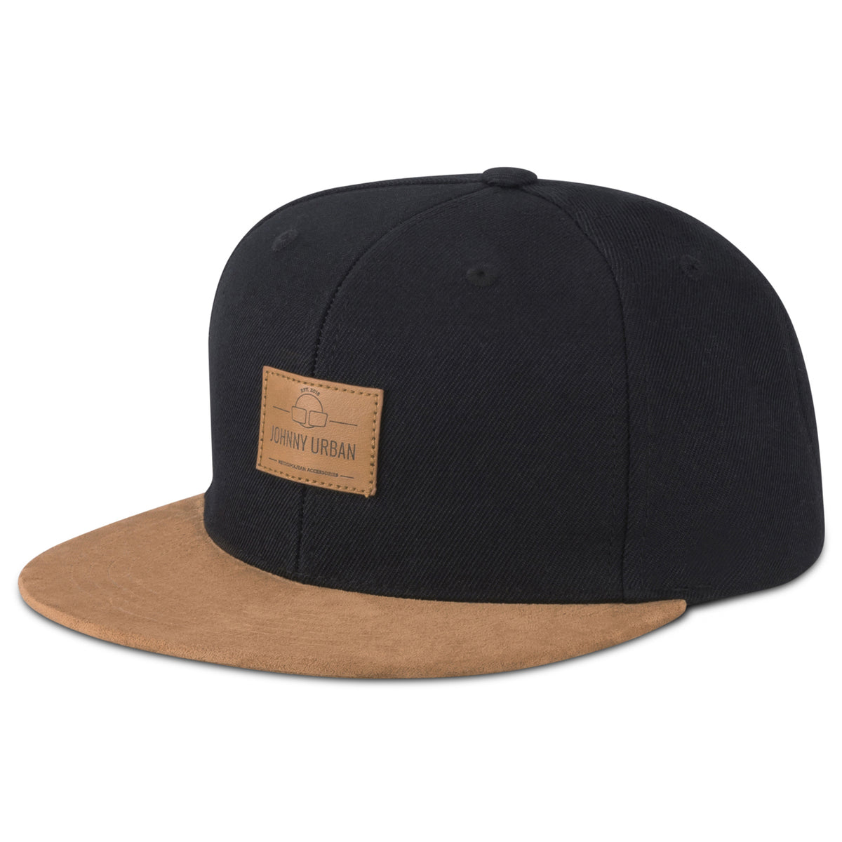 Schwarze Johnny Urban Cap 'Dean' mit flachem braunem Schirm und Lederpatch vorn