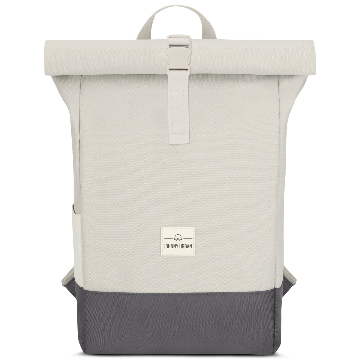 Beiger und grauer Rolltop-Rucksack "Ryan" von Johnny Urban mit Frontverschluss und Logoaufnäher