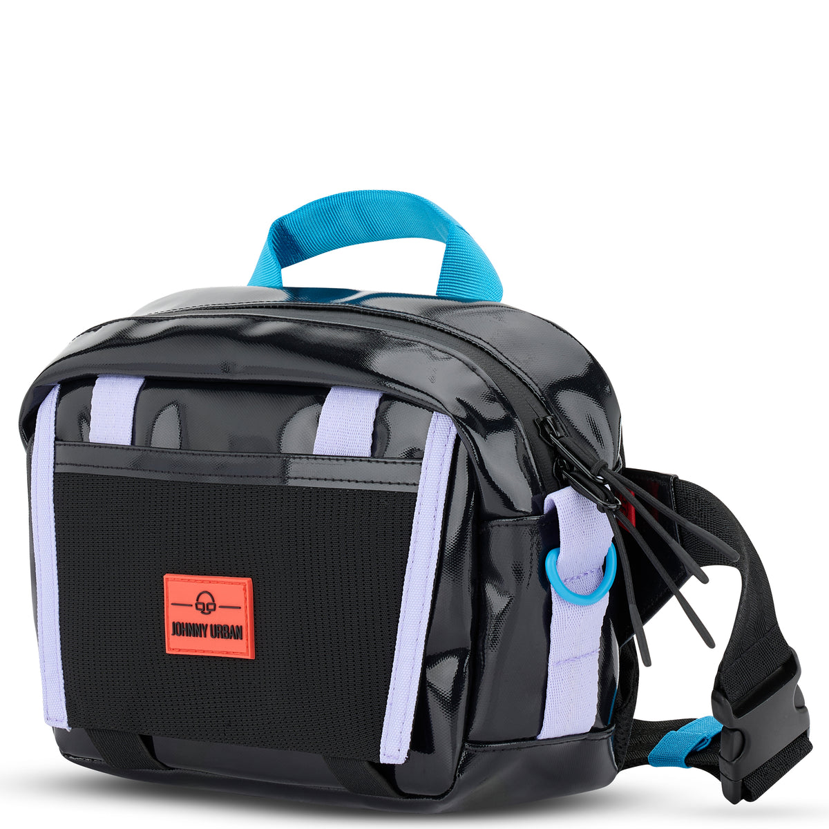 Schwarze Lenkertasche 'Nelson' von Johnny Urban mit lilafarbenen Details und blauem Griff