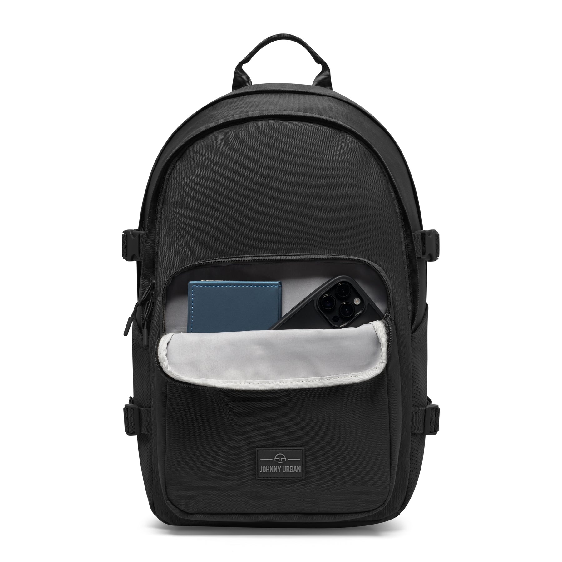 Schwarzer Rucksack 'Lian' von Johnny Urban mit ergonomischem Design, geöffnetes vorderes Fach mit blauem Portemonnaie und Smartphone