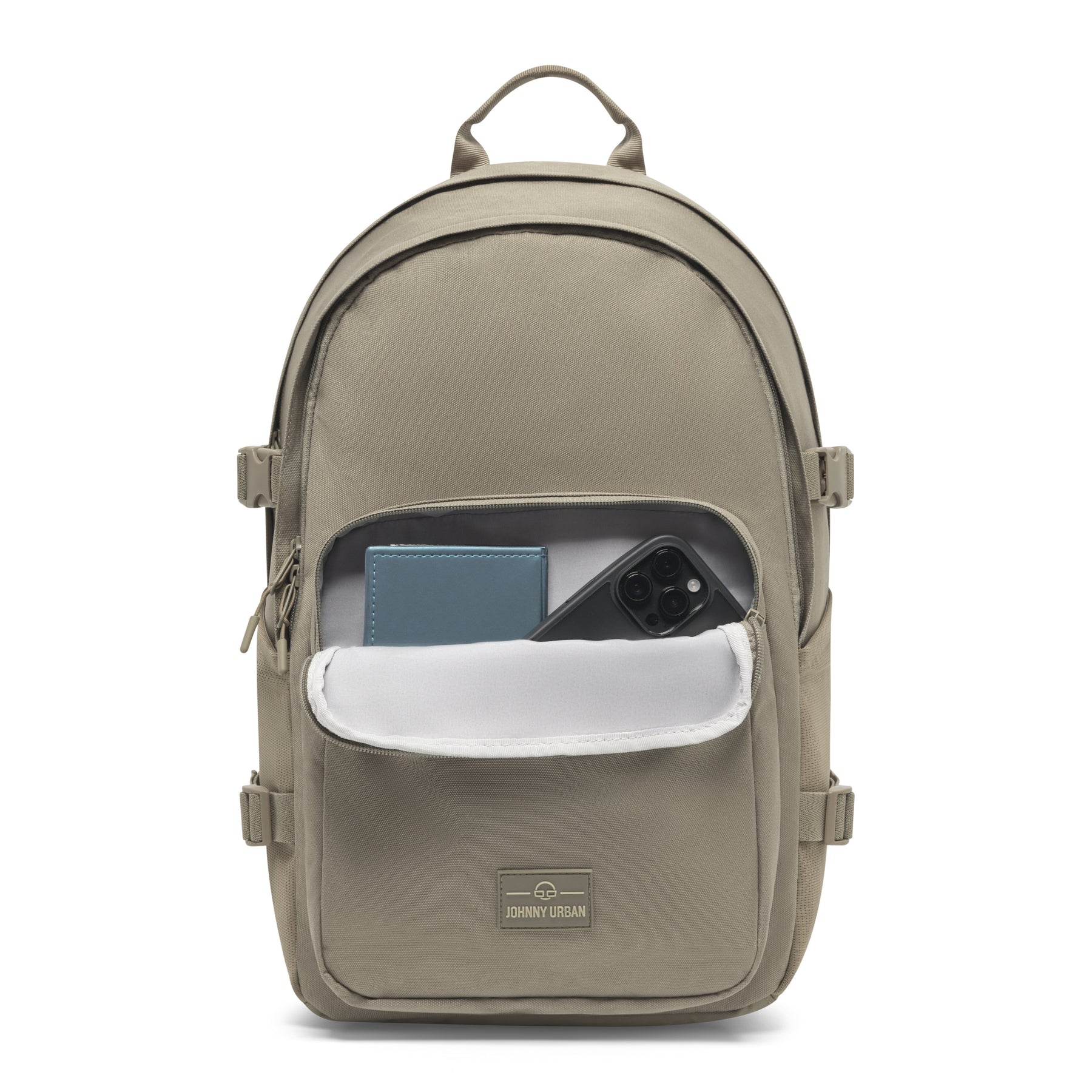 Beiger Johnny Urban Rucksack 'Lian' mit offenem Frontfach, das ein blaues Portemonnaie und ein schwarzes Smartphone zeigt