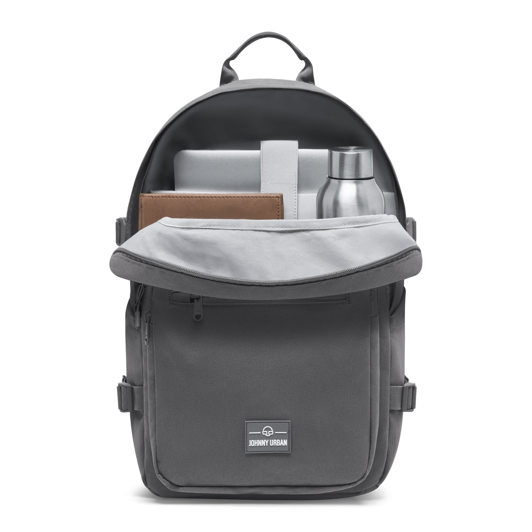Dunkelgrauer Johnny Urban Rucksack 'Lian' mit offenem Hauptfach, Laptop, braunem Notizbuch und Metallflasche