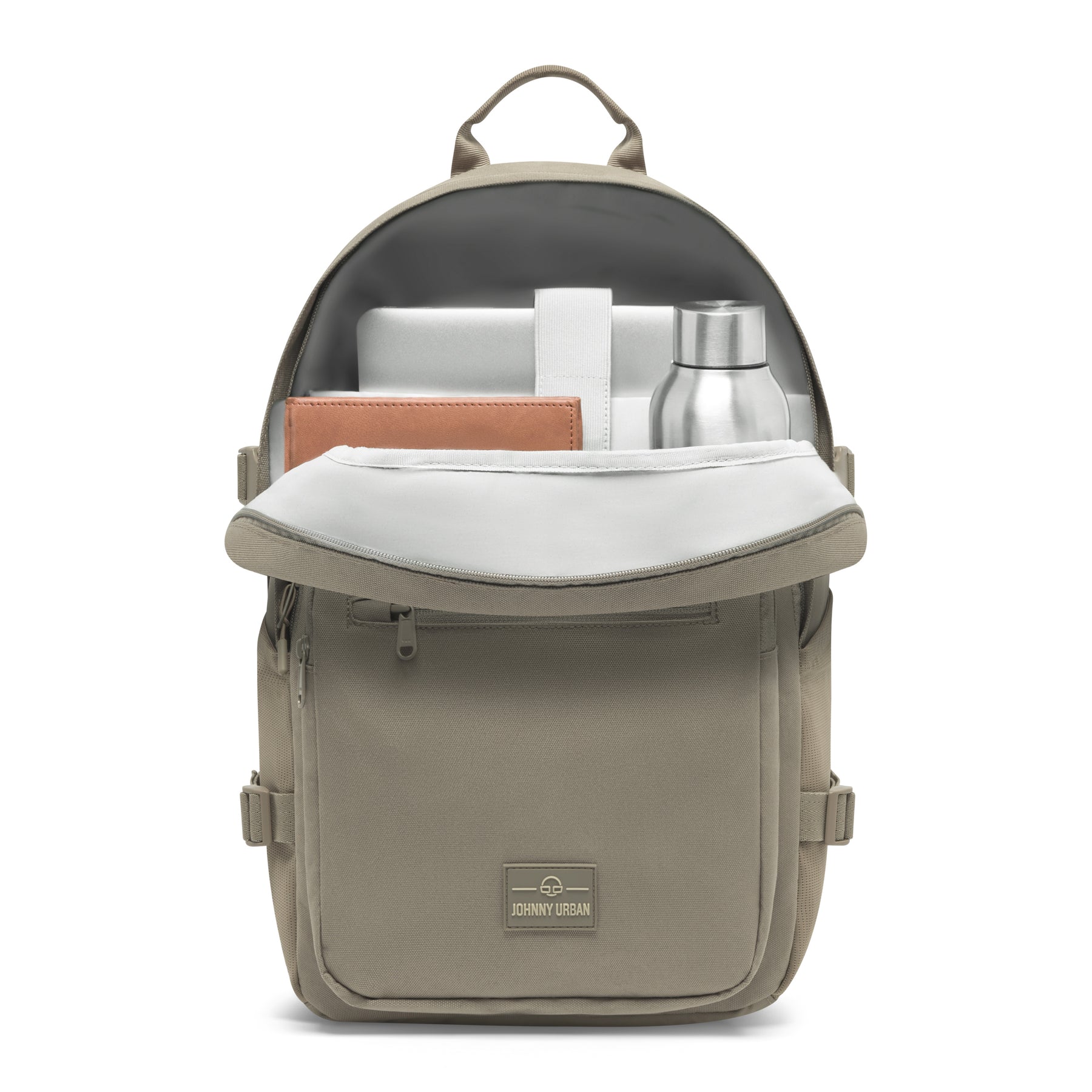 Johnny Urban Rucksack 'Lian' in desert-grau mit Laptop, Trinkflasche und Notizbuch