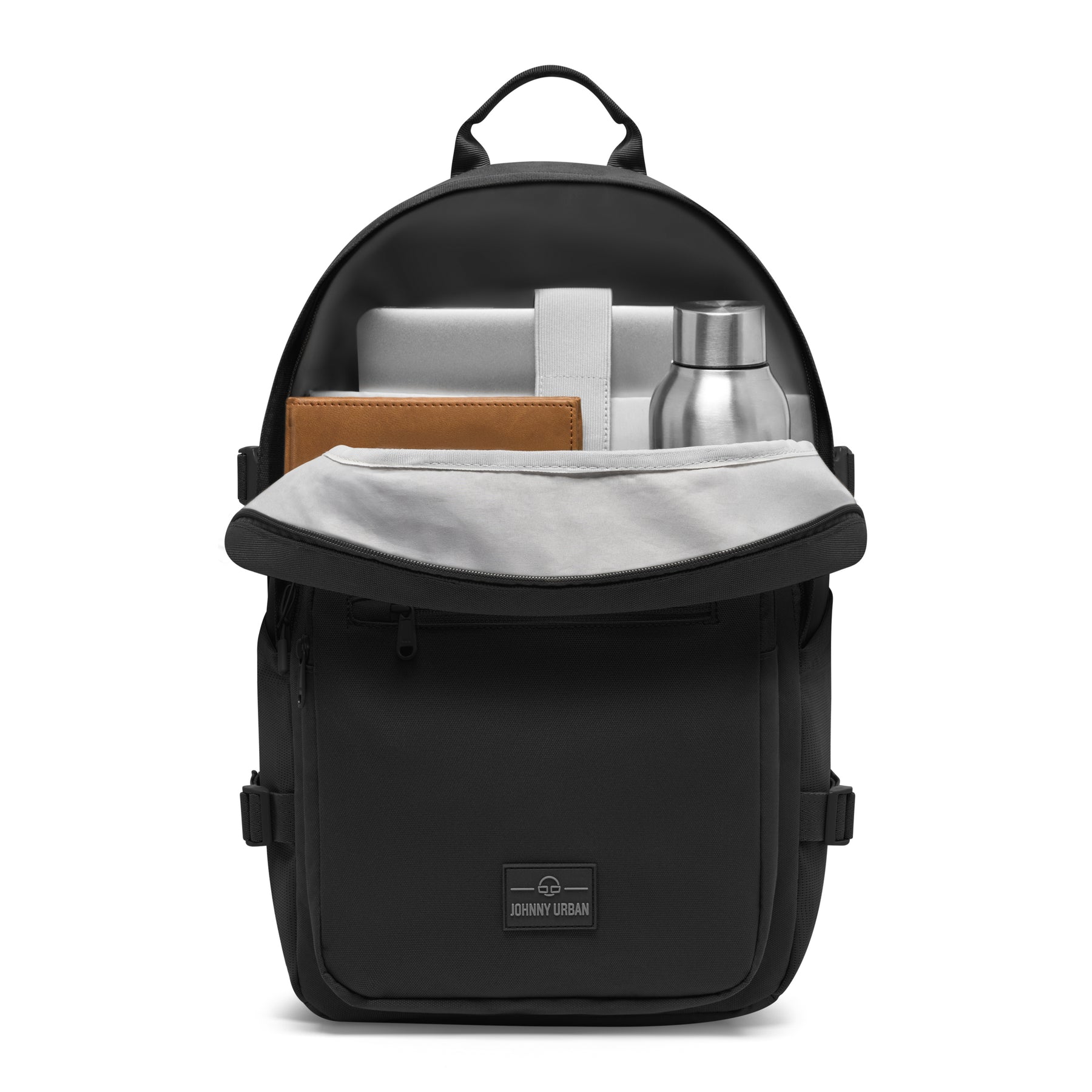Schwarzer Johnny Urban Rucksack 'Lian' mit Laptopfach, braunem Notizbuch und Edelstahlflasche