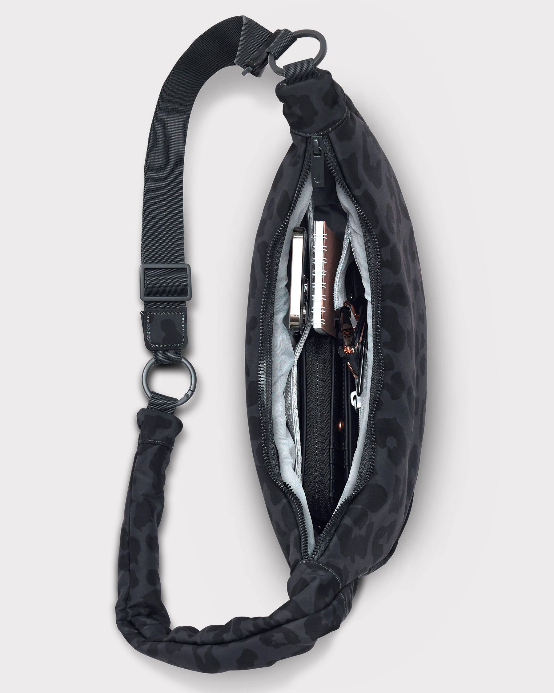 "Lou Medium" Half Moon Bag, grey leopard print
