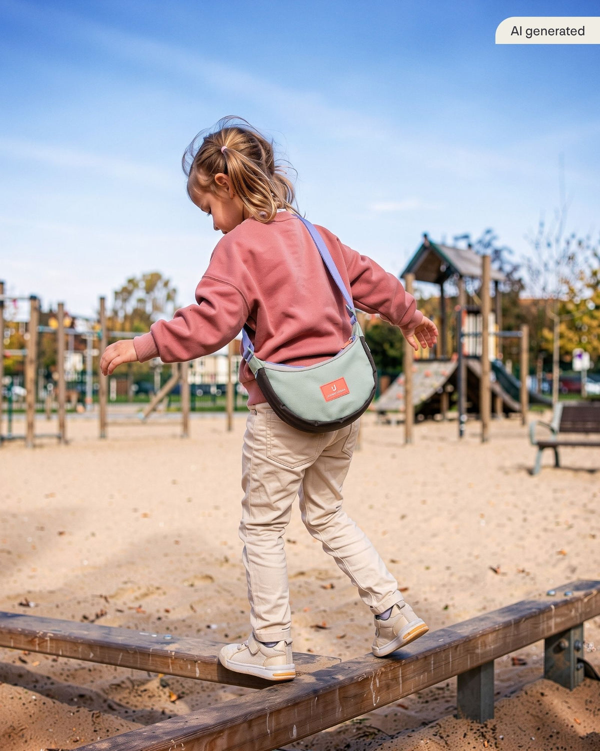 Mädchen balanciert auf einem Klettergerüst und trägt dabei die Kinder Half Moon Bag "Mio" in mint multi | KI generiertes Bild
