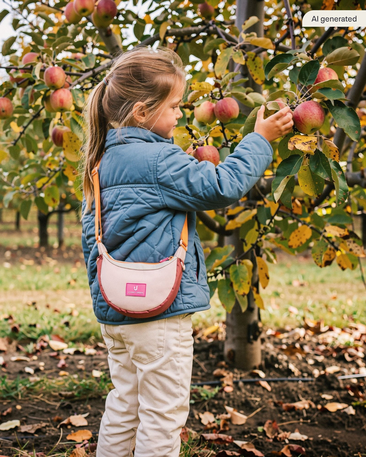 Mädchen pflückt einen Apfel vom Baum und trägt dabei die Kinder Half Moon Bag "Mio" in rosa multi | KI generiertes Bild