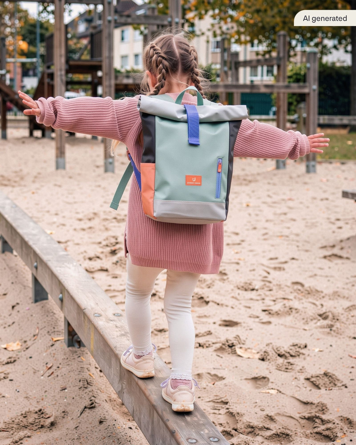 Kleines Mädchen balanciert über einen Klettergerüst mit dem Kinderrucksack "Aaron" in mint multi aufem Rücken | KI generiertes Bild