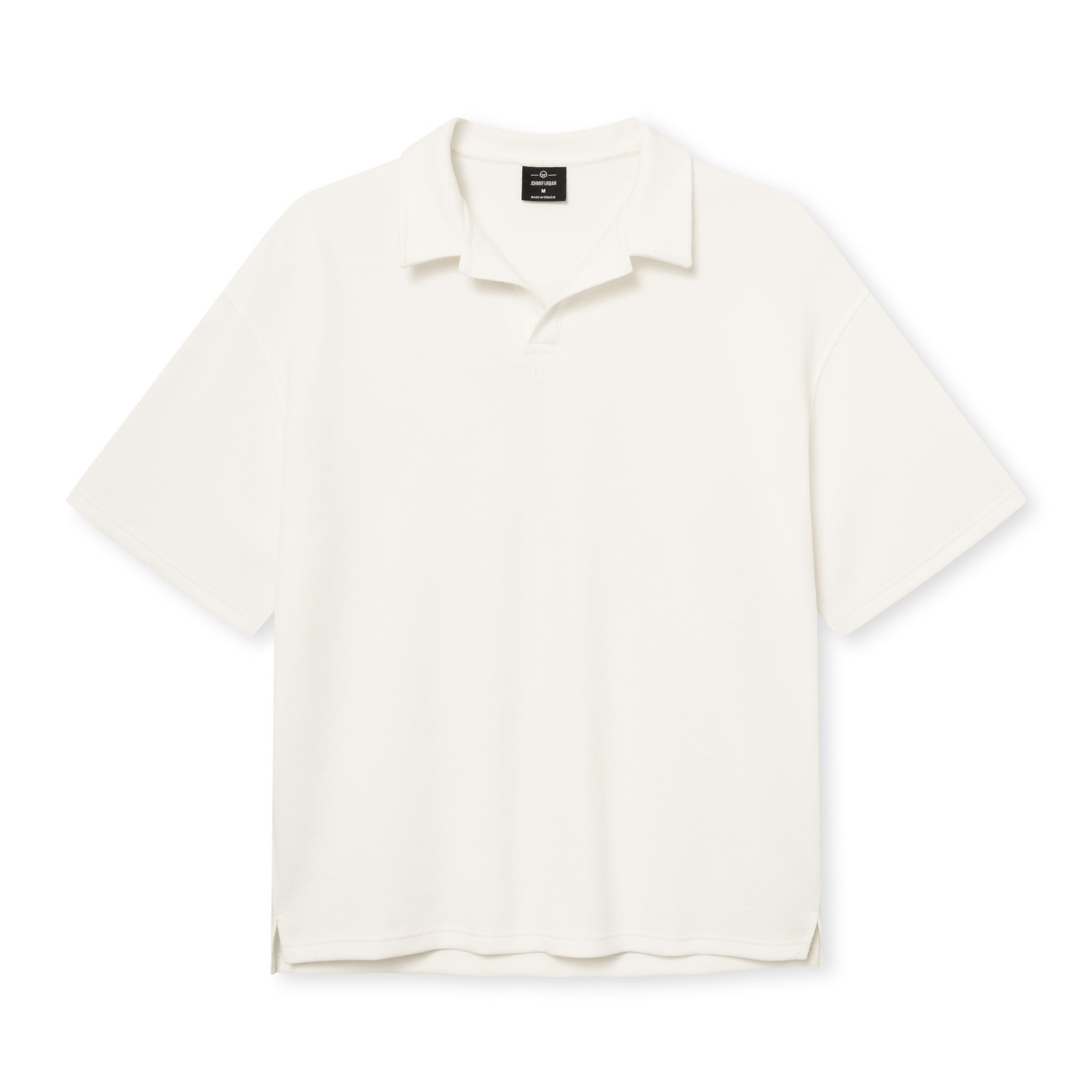 Cremefarbenes Poloshirt mit kurzem Arm und offenem Kragen, schlichtes Design