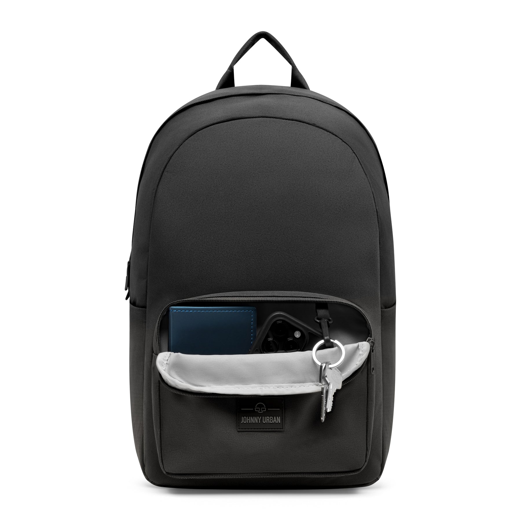 Schwarzer Johnny Urban Rucksack 'Mo' mit offenem Frontfach, das Schlüssel, Smartphone und Geldbörse enthält
