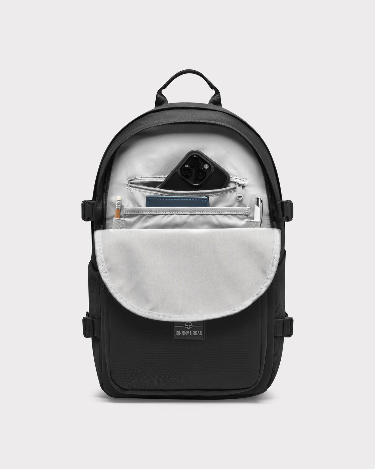 Schwarzer Johnny Urban Rucksack 'Lian' mit offenem Frontfach und Stift, Handy und Notizbuch darin