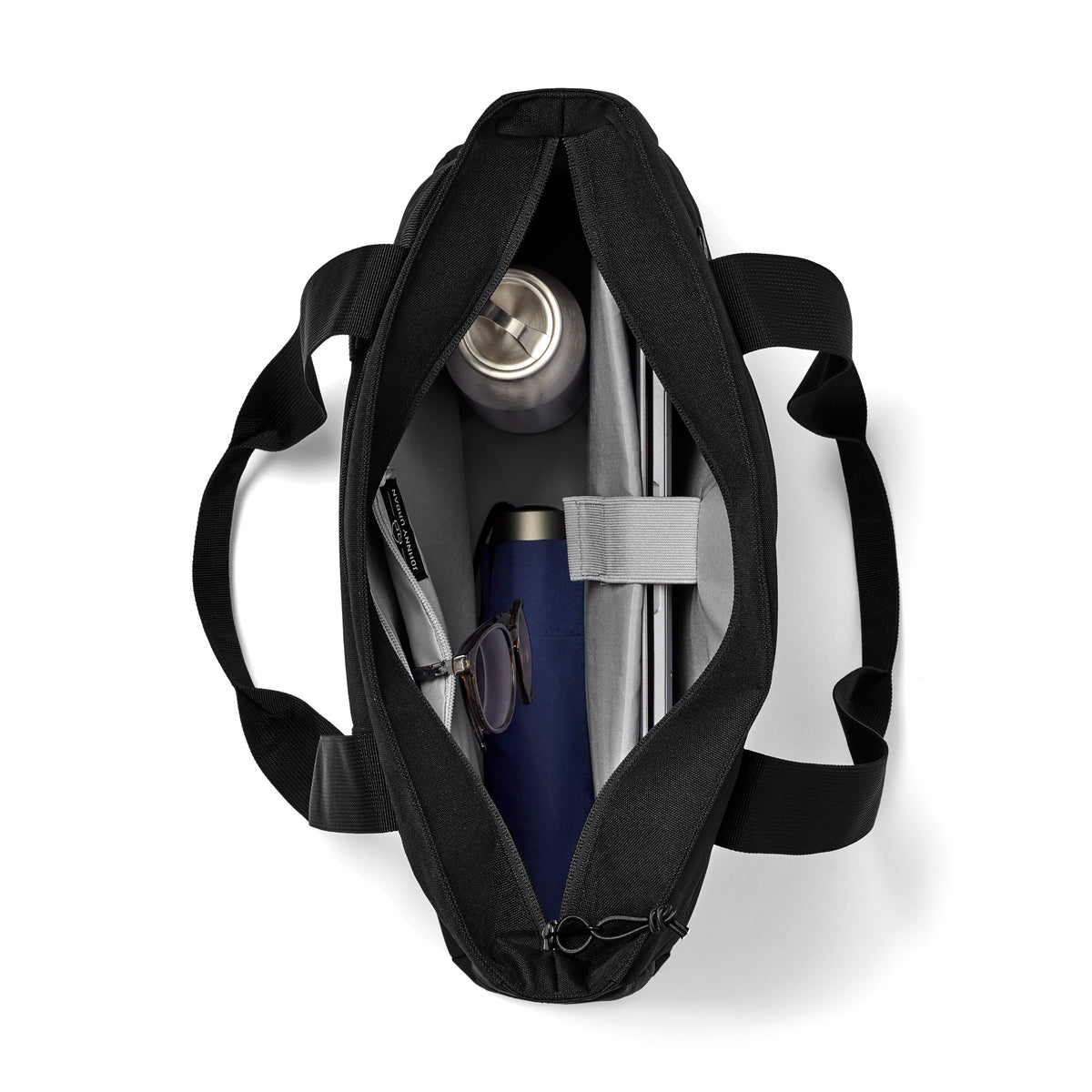 Schwarze Johnny Urban Shopper-Tasche mit Wasserflasche, Regenschirm, Sonnenbrille und Laptop-Fach