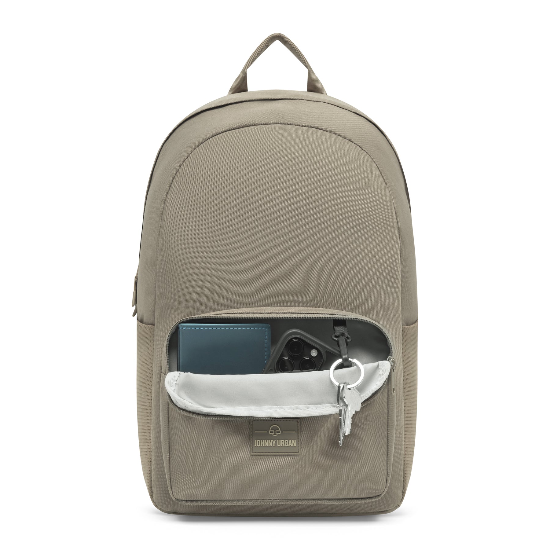 Rucksack 'Mo' von Johnny Urban in desert-grau, geöffnetes vorderes Fach mit Geldbörse, Smartphone und Schlüssel