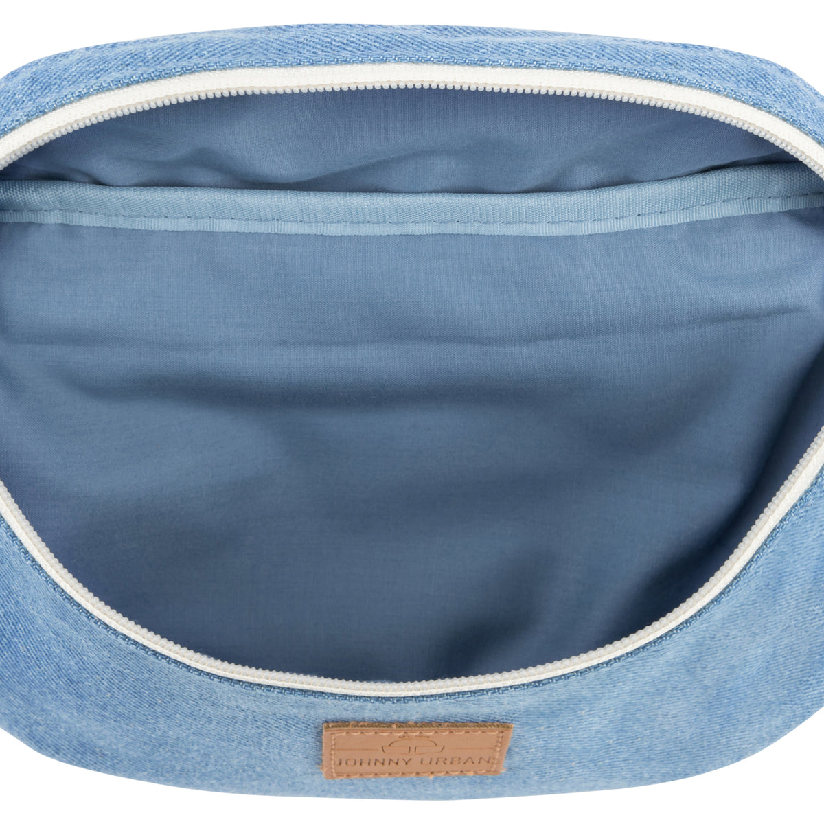 Innenansicht der kleinen Bauchtasche 'Toni' aus Jeansstoff mit blauem Innenfutter und Reißverschluss