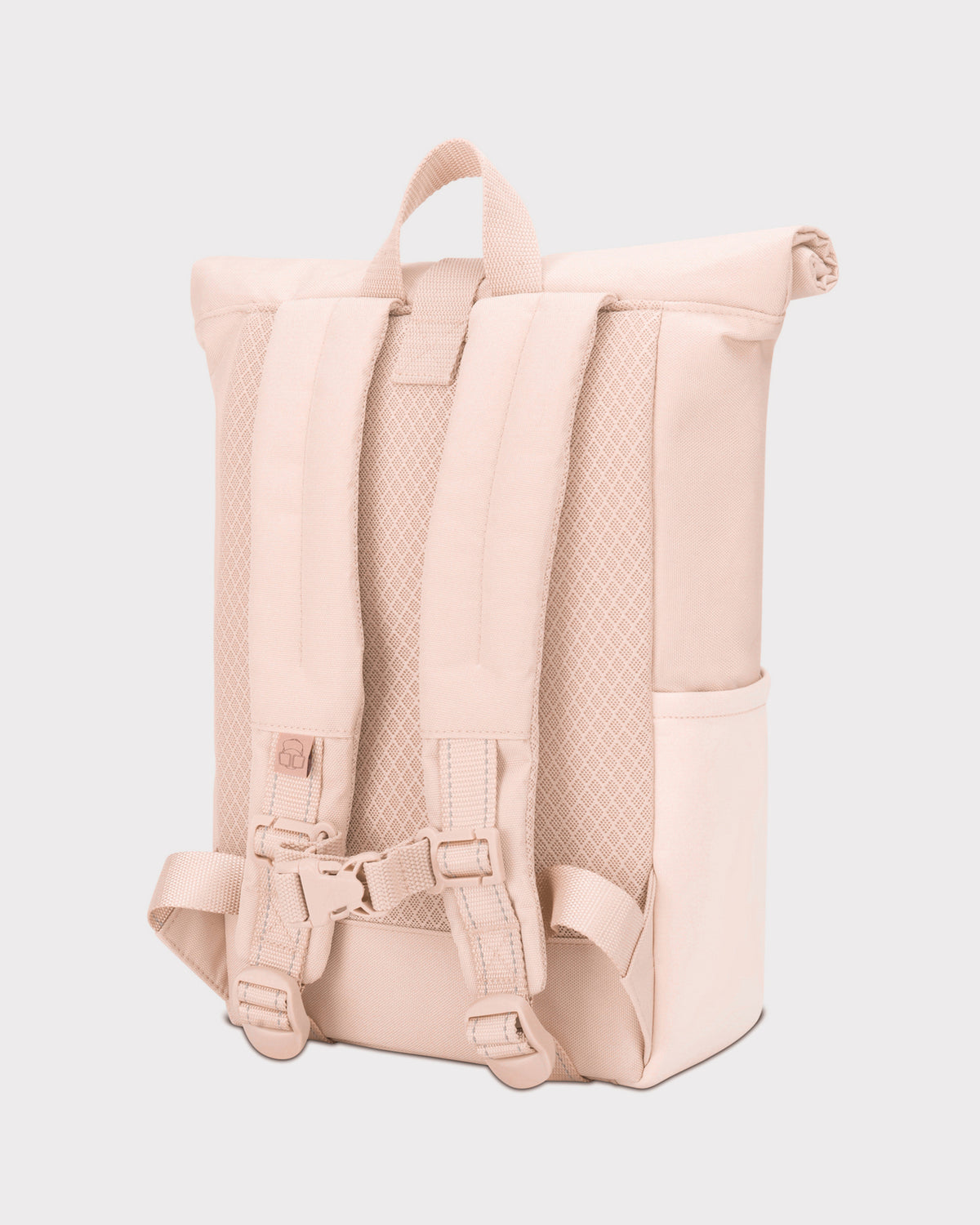 Rosa Rolltop-Kinderrucksack Aaron mit gepolsterten Schulterriemen und Mesh-Grundfläche